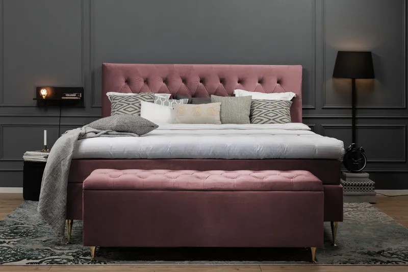 Royal Velvet Komplett Sängpaket 160x200 cm - Rosa med Låga Guldben - Möbler - Säng - Kontinentalsäng