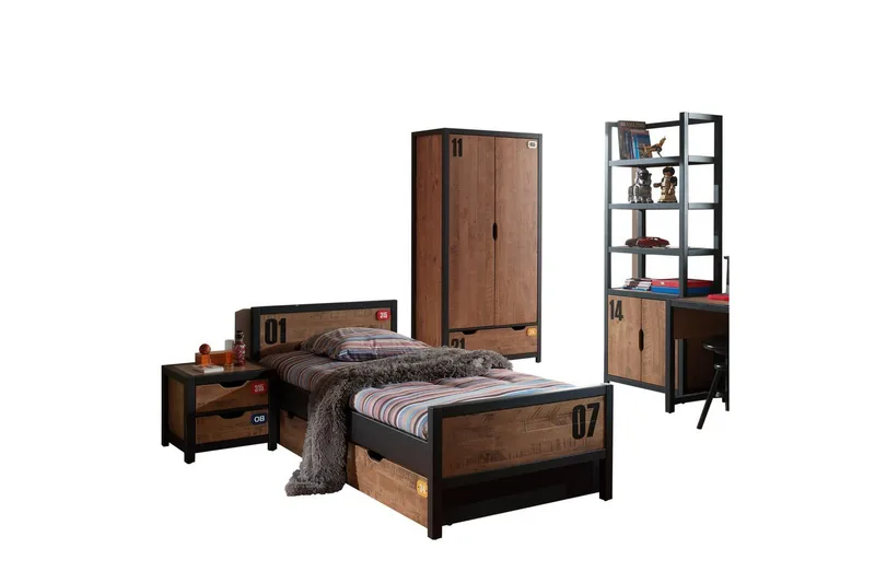 Säng med låda nattduksbord garderob bokhylla Alex