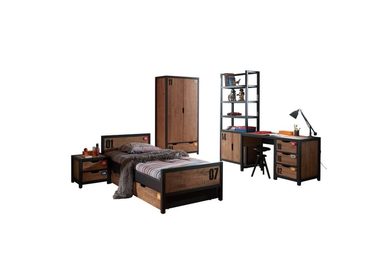 Säng med låda nattduksbord skrivbord garderob bokhylla Alex 2 dörrar, 2 dörrar