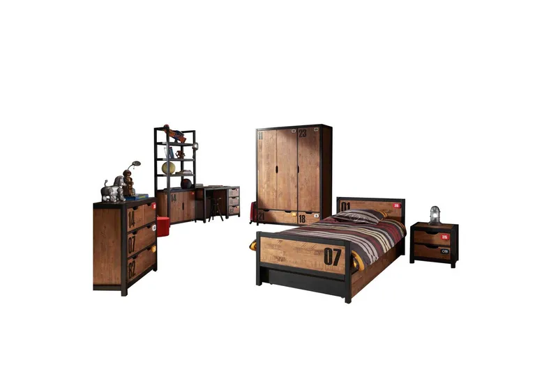 Säng med låda nattduksbord skrivbord garderob bokhylla byrå Alex