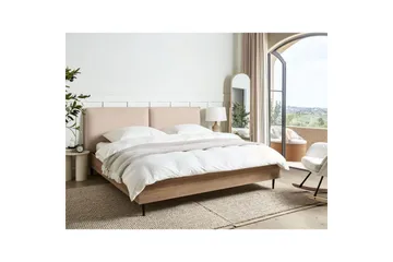 Säng med lamellram Limanton - Beige, ljust trä, svart/Bouclé, 180x200 cm - Möbler - Säng - Sängram & sängstomme