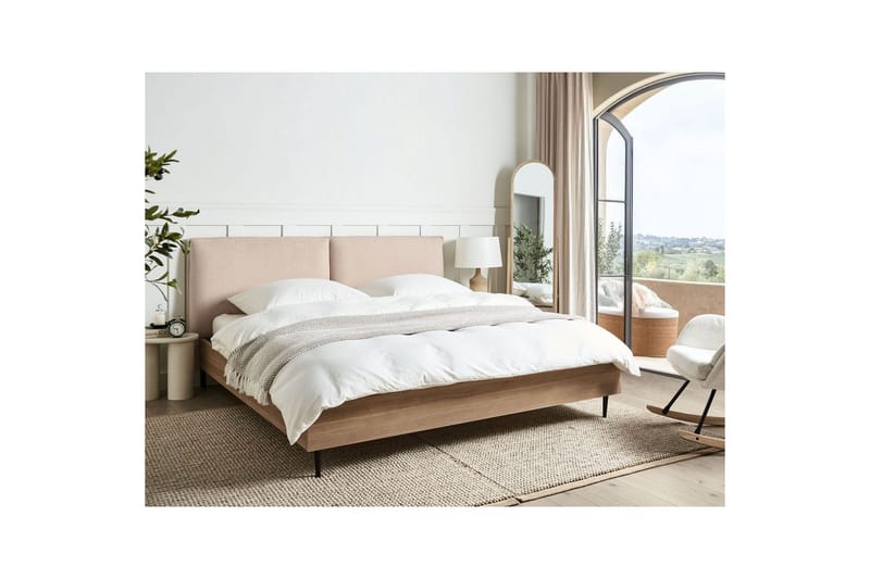 Säng med lamellram Limanton - Beige, ljust trä, svart/Bouclé, 180x200 cm - Möbler - Säng - Sängram & sängstomme