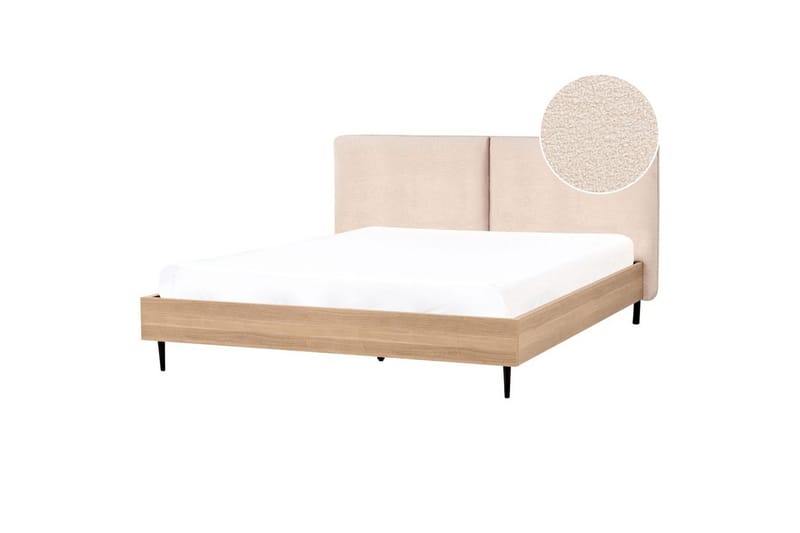 Säng med lamellram Limanton - Beige, ljust trä, svart/Bouclé, 180x200 cm - Möbler - Säng - Sängram & sängstomme