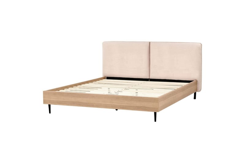 Säng med lamellram Limanton, Beige, ljust trä, svart/Bouclé, 180x200 cm