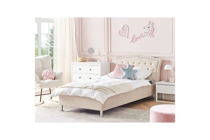 Säng med lamellram Metz - Beige, Silver/Sammet, 90x200 cm - Möbler - Säng - Sängram & sängstomme