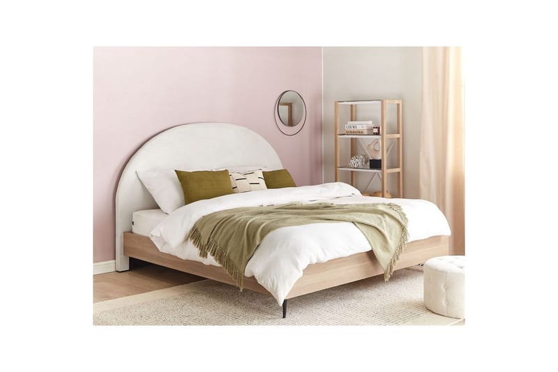 Säng med lamellram Millay - Vit, ljust trä, svart/Polyester, 160x200 cm - Möbler - Säng - Sängram & sängstomme