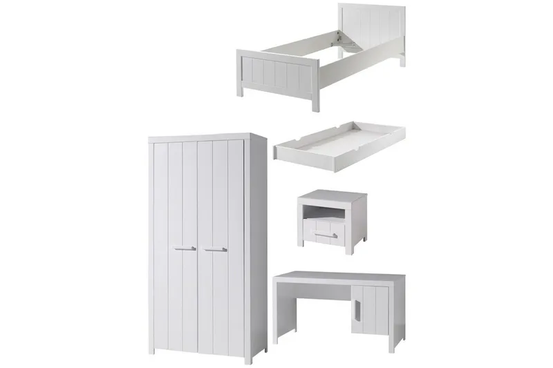 Säng med nattduksbord 2-dörrars garderob Skrivbord Låda Erik