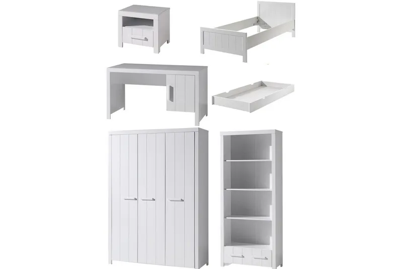 Säng med nattduksbord 3-dörrars garderob Skrivbord Bokhylla Låda Erik