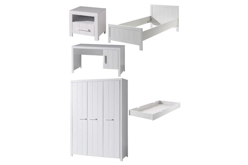 Säng med nattduksbord 3-dörrars garderob Skrivbord Låda Erik