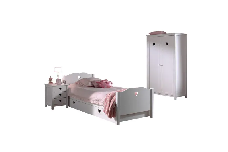 Säng med nattduksbord garderob låda Amori Vit 2 dörrar, 2 dörrar