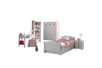 Säng med nattduksbord garderob skrivbord bokhylla låda Amori Vit - Möbler - Säng - Möbelset för sovrum