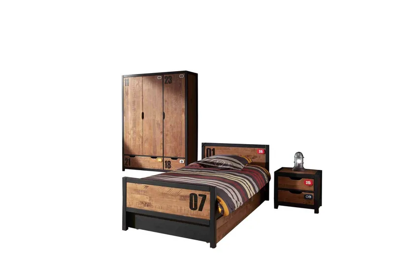 Säng med ribbotten låda nattduksbord 3-dörrars garderob Alex