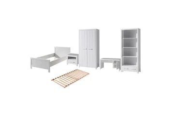 Säng med ribbotten nattduksbord 2-dörrars garderob skrivbord bokhylla Erik - Möbler - Säng - Möbelset för sovrum