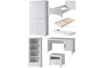 Säng med ribbotten nattduksbord 2-dörrars garderob skrivbord bokhylla låda Erik - Möbler - Säng - Möbelset för sovrum