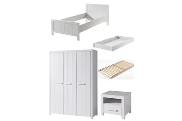 Säng med ribbotten nattduksbord 3-dörrars garderob låda Erik - Möbler - Säng - Möbelset för sovrum