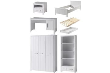 Säng med ribbotten nattduksbord 3-dörrars garderob skrivbord bokhylla låda Erik - Möbler - Säng - Möbelset för sovrum