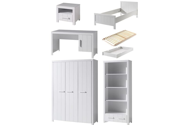 Säng med ribbotten nattduksbord 3-dörrars garderob skrivbord bokhylla låda Erik