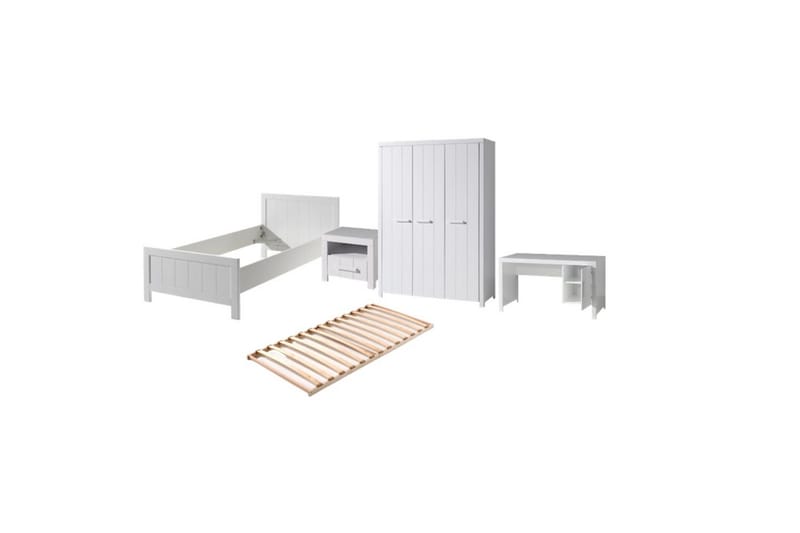 Säng med ribbotten nattduksbord 3-dörrars garderob skrivbord Erik