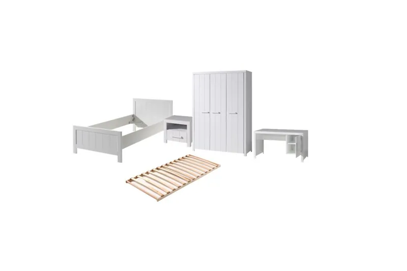 Säng med ribbotten nattduksbord 3-dörrars garderob skrivbord Erik