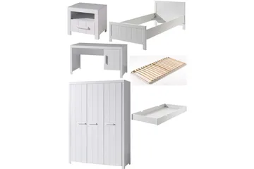 Säng med ribbotten nattduksbord 3-dörrars garderob skrivbord låda Erik - Möbler - Säng - Möbelset för sovrum