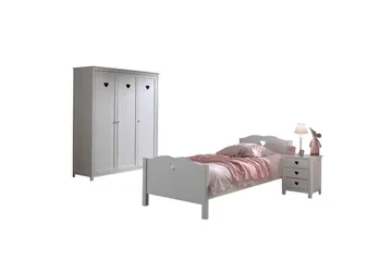 Säng med ribbotten nattduksbord garderob Amori Vit 3-dörrar - 3-dörrar - Möbler - Säng - Möbelset för sovrum