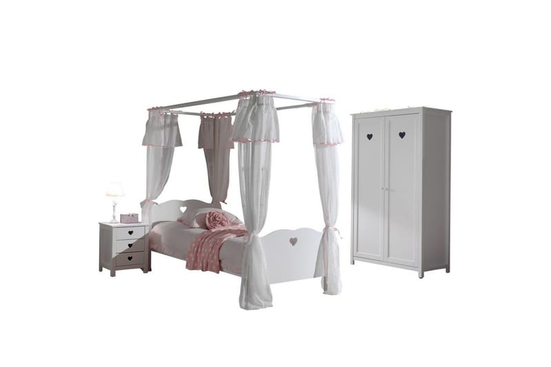 Säng med ribbotten nattduksbord garderob textilset Amori Vit