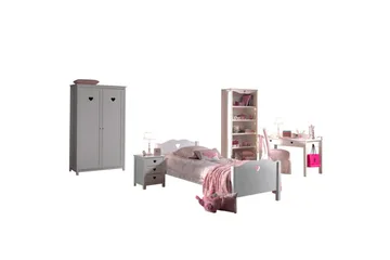 Säng med sängbord, garderob, skrivbord, bokhylla Amori Vit 2 dörrar - 2 dörrar - Möbler - Säng - Möbelset för sovrum