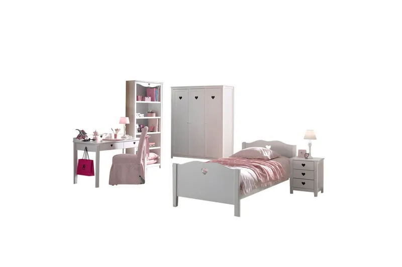 Säng med sängbord, garderob, skrivbord, bokhylla Amori Vit 3-dörrar, 3-dörrar
