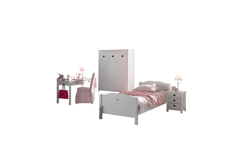 Säng med sängbord, garderob, skrivbord Amori Vit 3-dörrar, 3-dörrar