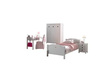 Säng med sängbord, garderob, skrivbord Amori Vit 3-dörrar - 3-dörrar - Möbler - Säng - Möbelset för sovrum