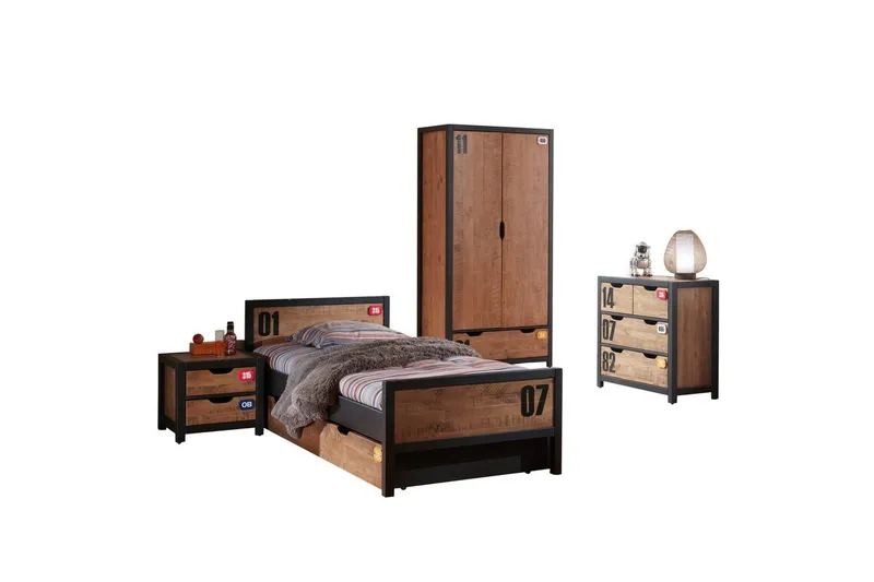 Säng med sängbord, låda, garderob, byrå Alex