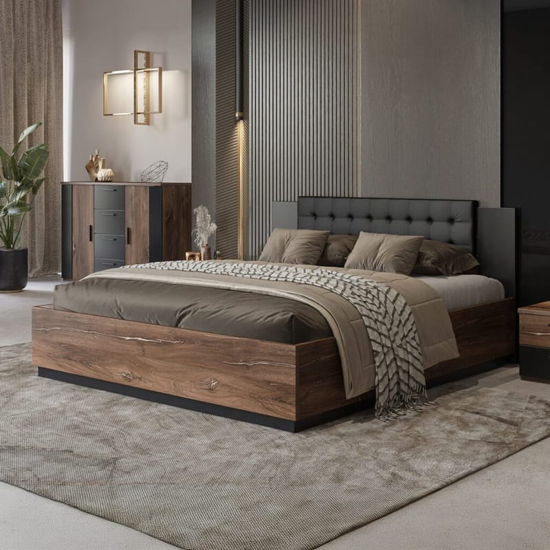 Säng Sigma med ram på gaslyft och förvaringslåda - 180 cm, Mörk Flagstaff Ek med Kopparfärgad Ornament - Möbler - Säng - Sängram & sängstomme