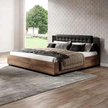 Säng Sigma med ram på gaslyft och förvaringslåda - 180 cm, Mörk Flagstaff Ek med Kopparfärgad Ornament - Möbler - Säng - Sängram & sängstomme