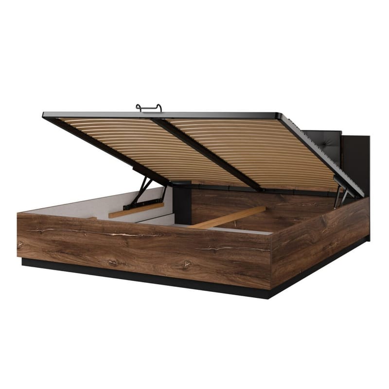 Säng Sigma med ram på gaslyft och förvaringslåda - 180 cm, Mörk Flagstaff Ek med Kopparfärgad Ornament - Möbler - Säng - Sängram & sängstomme