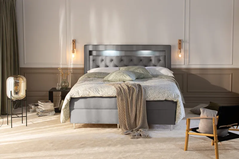 Alessia Komplett Sängpaket med Förvaring LED-belysning 180x200 cm - Grå / Ljusgrå - Möbler - Säng - Säng med förvaring