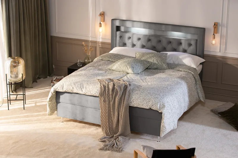 Alessia Komplett Sängpaket med Förvaring LED-belysning 180x200 cm - Grå / Ljusgrå - Möbler - Säng - Säng med förvaring