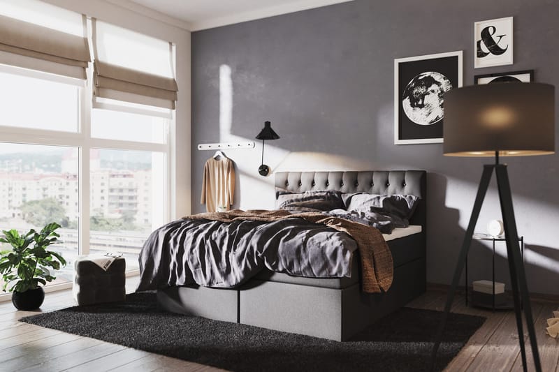 Boxy Säng med Förvaring 160x200 cm i Tyg med Bäddmadrass med Fasthetsgrad Fast - Svart - Möbler - Säng - Säng med förvaring
