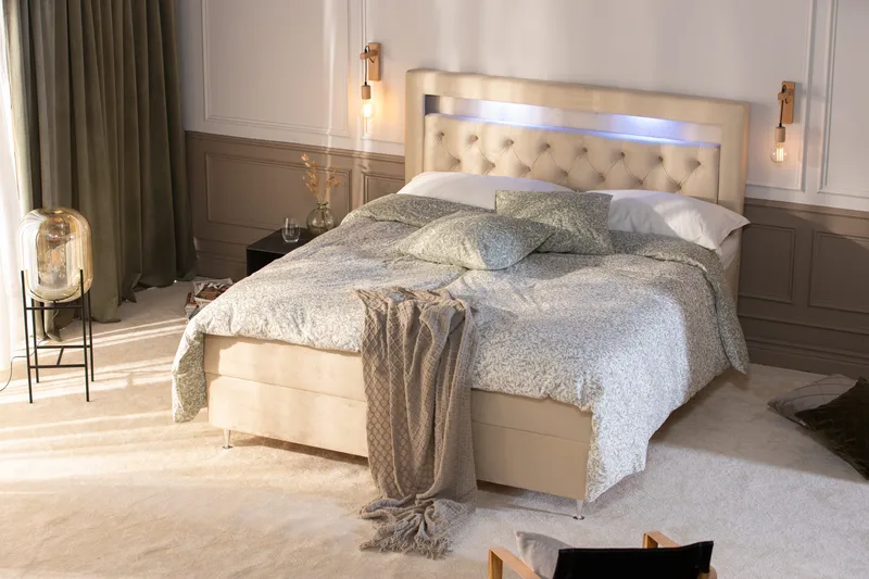 Alessia Komplett Sängpaket med Förvaring LED-belysning 160x200 cm - Biege - Möbler - Säng - Säng med förvaring
