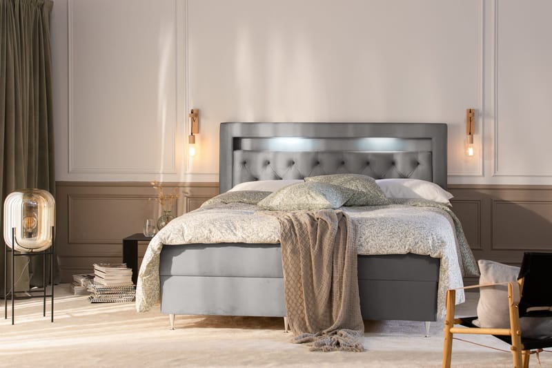 Alessia Komplett Sängpaket med Förvaring LED-belysning 160x200 cm - Ljusgrå - Möbler - Säng - Säng med förvaring