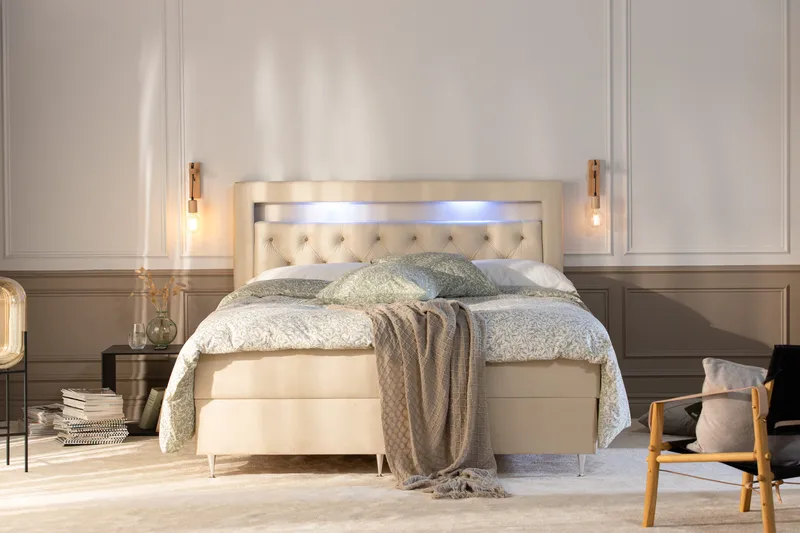 Alessia Komplett Sängpaket med Förvaring LED-belysning 180x200 cm - Beige - Möbler - Säng - Säng med förvaring