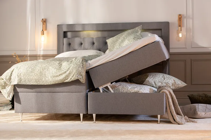 Alessia Komplett Sängpaket med Förvaring LED-belysning 180x200 cm - Grå - Möbler - Säng - Säng med förvaring