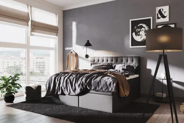 Boxy Komplett Sängpaket – Kontinentalsäng 180x200 cm i Tyg med Sänggavel + Bäddmadrass - Svart - Möbler - Säng - Säng med förvaring