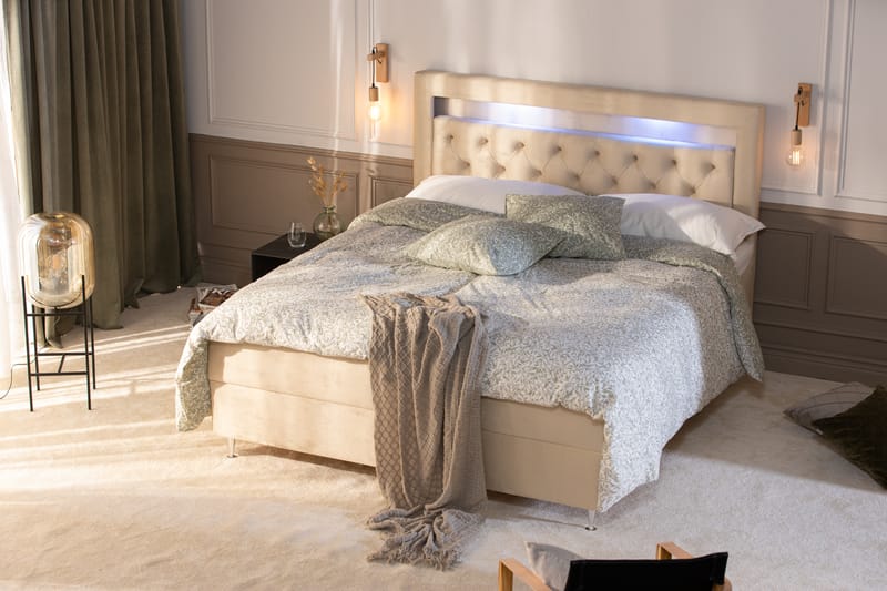 Förvaringssäng Monopoli med LED-belysning 160x200 - Beige - Möbler - Säng - Säng med förvaring - Dubbelsäng med förvaring