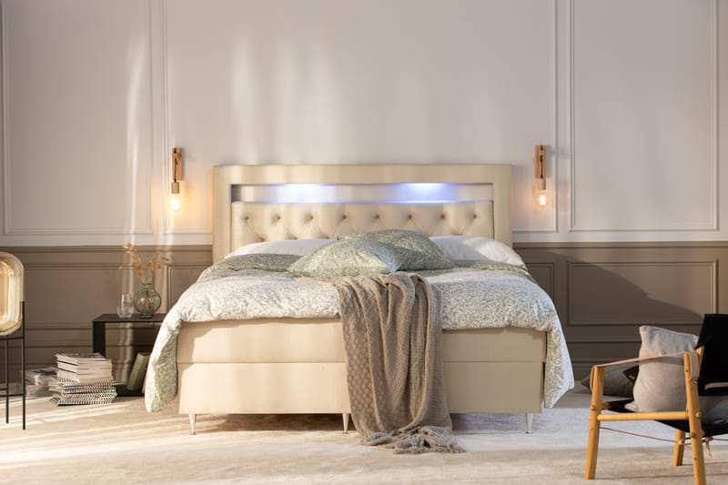 Förvaringssäng Monopoli med LED-belysning 180x200 - Beige - Möbler - Säng - Säng med förvaring - Dubbelsäng med förvaring