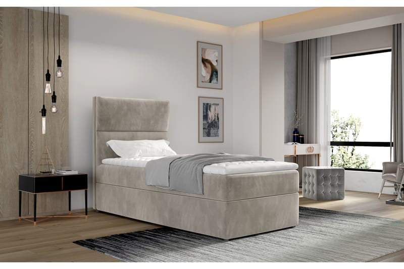 Förvaringssäng Lomagna 90x200 cm Vertikal Söm - Beige - Säng med förvaring - Enkelsäng med förvaring