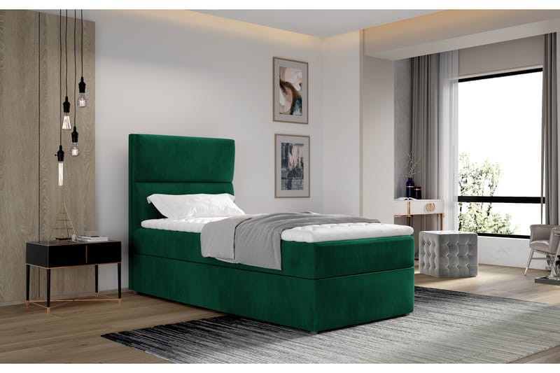 Förvaringssäng Lomagna 90x200 cm Vertikal Söm - Grön - Säng med förvaring - Enkelsäng med förvaring