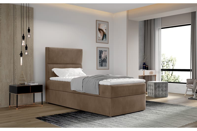 Förvaringssäng Lomagna 90x200 cm Vertikal Söm - Ljusbrun - Säng med förvaring - Enkelsäng med förvaring