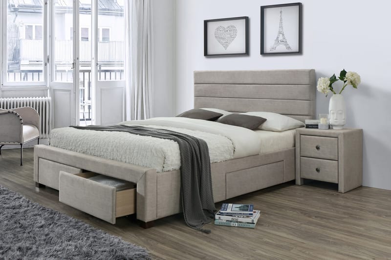 Förvaringssäng Nocara 160x200 - Beige|Valnöt - Möbler - Säng - Säng med förvaring - Dubbelsäng med förvaring
