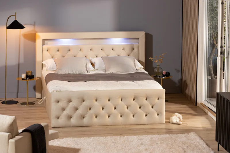 Francisco Komplett Sängpaket med Lyftförvaring LED-belysning 180x200 - Beige - Möbler - Säng - Säng med förvaring