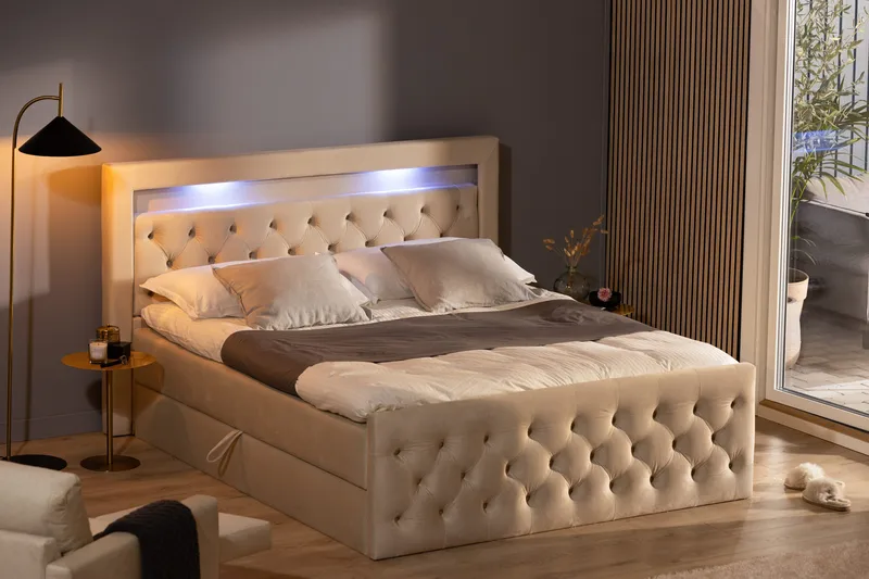 Francisco Komplett Sängpaket med Lyftförvaring LED-belysning 180x200 - Beige - Möbler - Säng - Säng med förvaring
